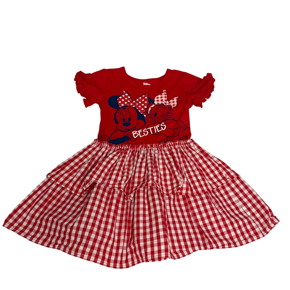 Disney Junior Minnie Mouse Daisy Duck Besties Red Gingham Tiered Dress 3T Cotton